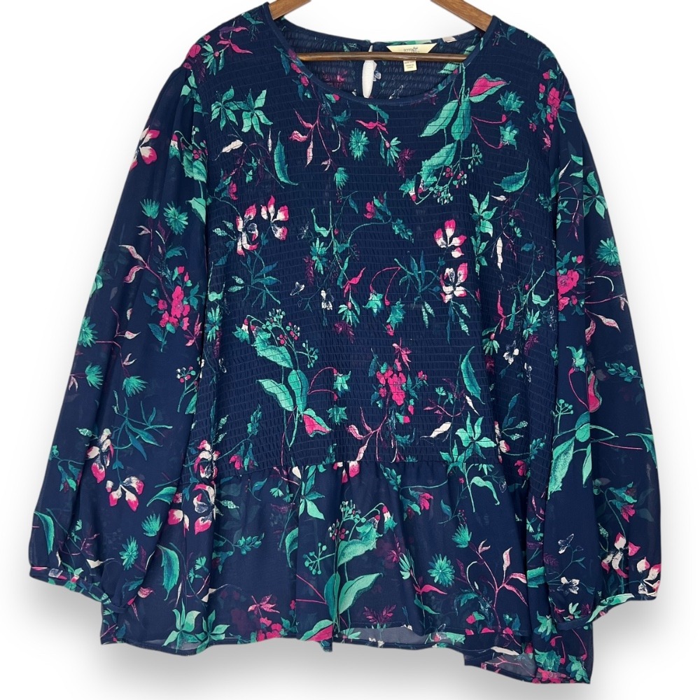 Terra & Sky Floral Blouse Smocked Peplum Long Sleeve Lightweight Plus Size‎ 2X